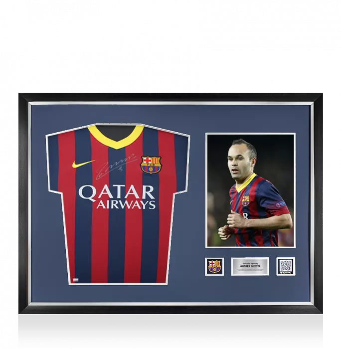 icons Andres Iniesta Official FC Barcelona Front Signed and Framed 2013-14 Home Shirt: Version 3