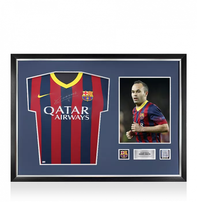 icons Andres Iniesta Official FC Barcelona Front Signed and Framed 2013-14 Home Shirt: Version 2