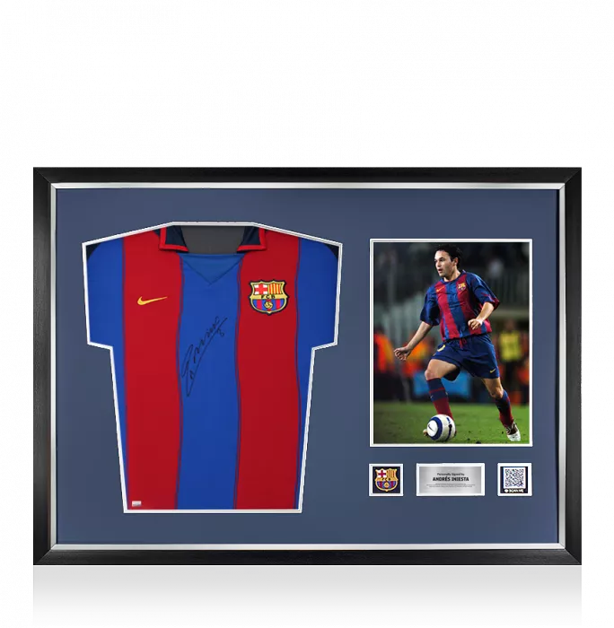 icons Andres Iniesta Official FC Barcelona Front Signed and Framed 2003-04 Home Shirt