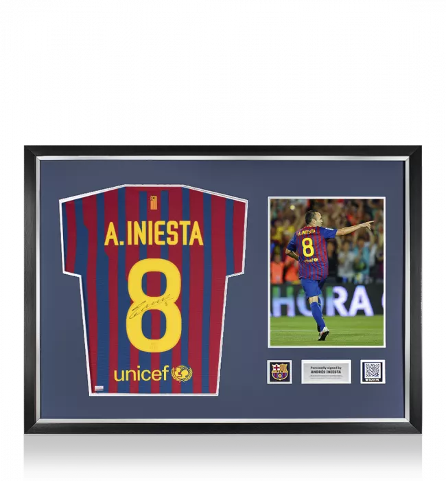 icons Andres Iniesta Official FC Barcelona Front Signed and Framed 2011-12 Home Shirt