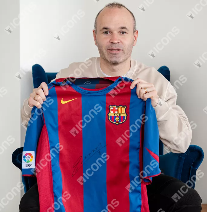 Icons Andres Iniesta Official FC Barcelona Front Signed And Framed 2004-05 Home Shirt
