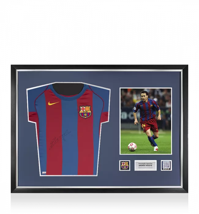 icons Andres Iniesta Official FC Barcelona Front Signed and Framed 2004-05 Home Shirt