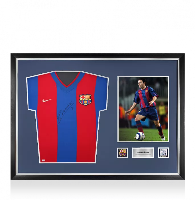 icons Andres Iniesta Official FC Barcelona Front Signed and Framed 2002-03 Home Shirt
