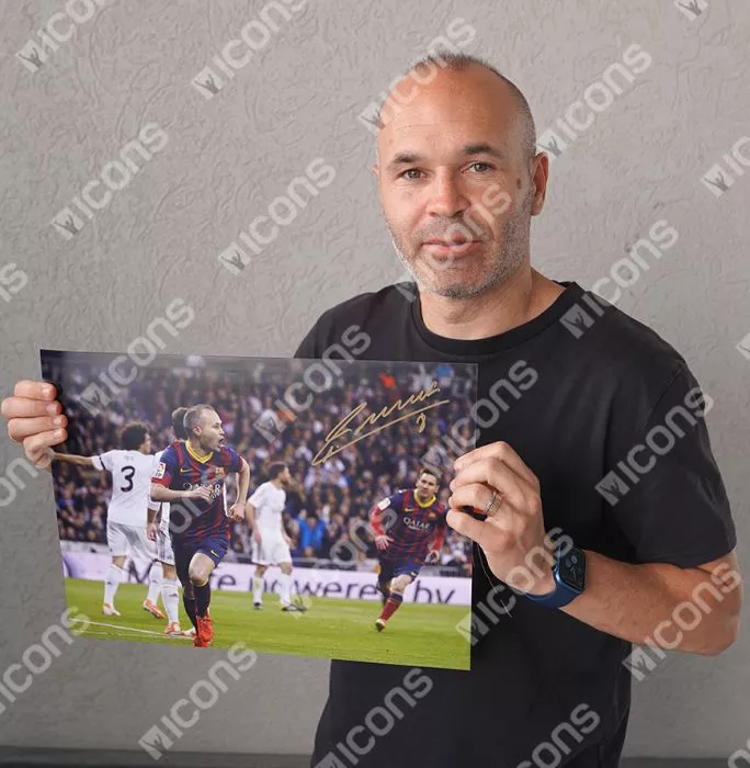 Icons Andres Iniesta Official FC Barcelona Signed And Framed Photo: Celebration Vs Real Madrid