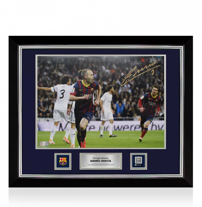 icons Andres Iniesta Official FC Barcelona Signed and Framed Photo: Celebration vs Real Madrid