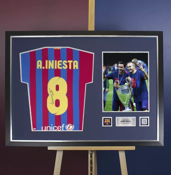Icons Andres Iniesta Official FC Barcelona Signed And Framed 2021-22 Home Shirt With Fan Style Number