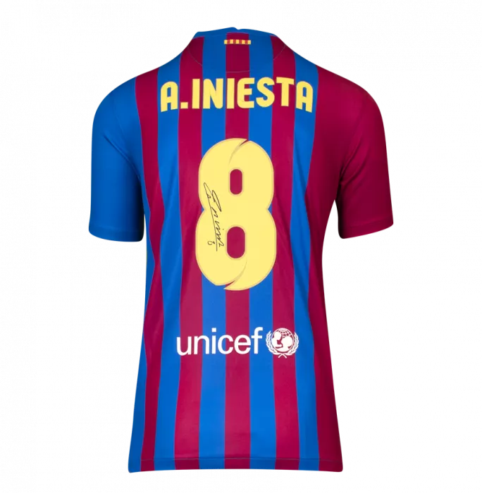 Icons Andres Iniesta Official FC Barcelona Signed And Framed 2021-22 Home Shirt With Fan Style Number
