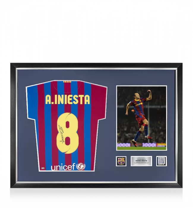 icons Andres Iniesta Official FC Barcelona Signed and Framed 2021-22 Home Shirt With Fan Style Number