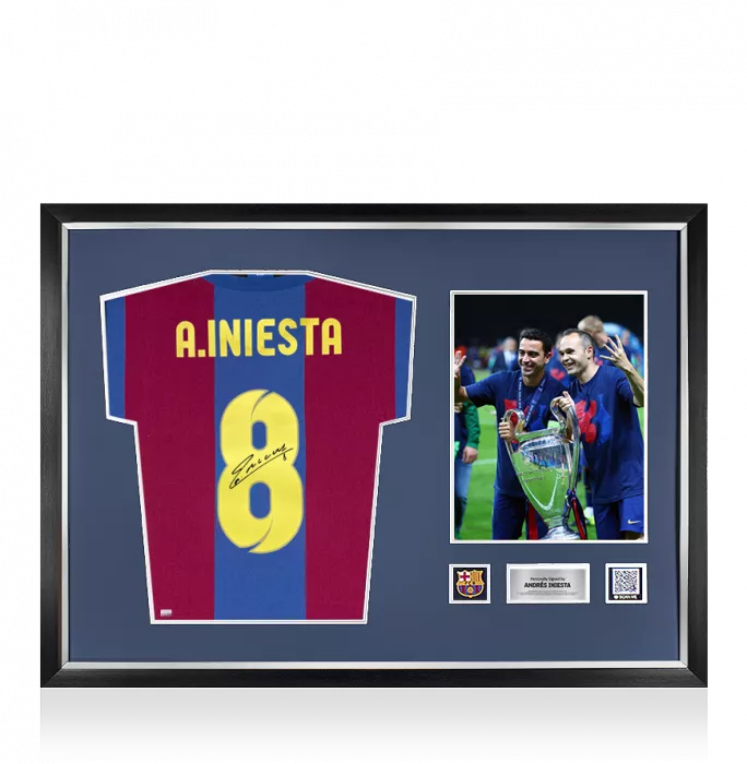 Icons Andres Iniesta Official FC Barcelona Signed And Framed Retro FC Barcelona Home Shirt