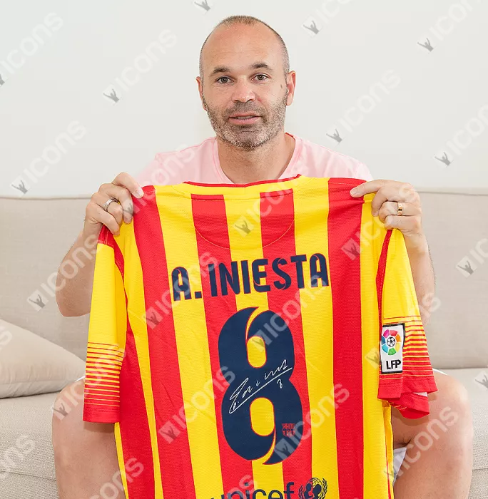 Icons Andres Iniesta Official FC Barcelona Signed And Framed 2013-14 Away Shirt
