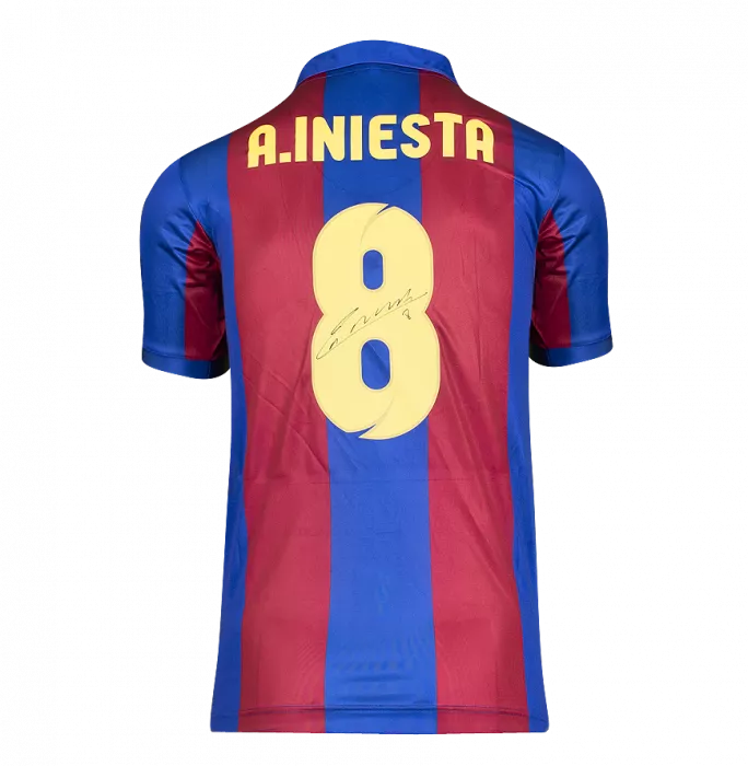 Icons Andres Iniesta Official UEFA Champions League Back Signed And Hero Framed Retro FC Barcelona Home Shirt