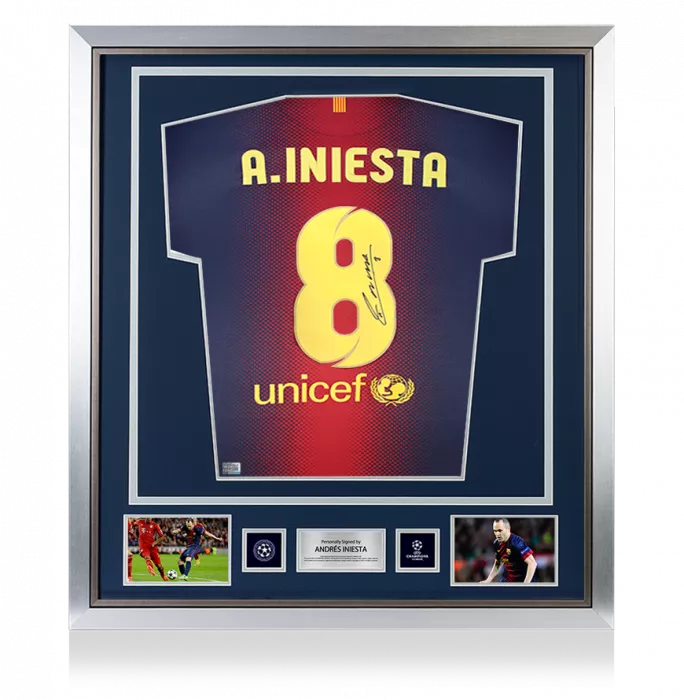 icons Andres Iniesta Official UEFA Champions League Back Signed and Framed FC Barcelona 2012-13 Home Shirt