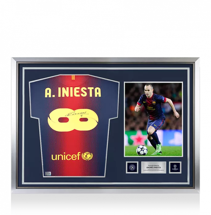 icons Andres Iniesta Official UEFA Champions League Back Signed and Hero Framed FC Barcelona 2012-2013 Home Shirt - Infinity Edition