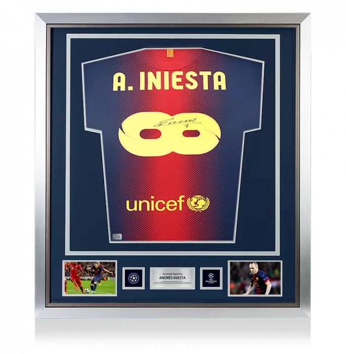 icons Andres Iniesta Official UEFA Champions League Back Signed and Framed FC Barcelona 2012-2013 Home Shirt - Infinity Edition