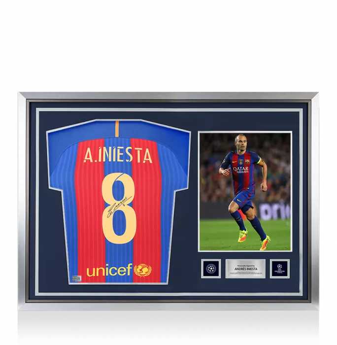 icons Andres Iniesta Official UEFA Champions League Back Signed and Hero Framed FC Barcelona 2016-17 Home Shirt with Fan Style Number