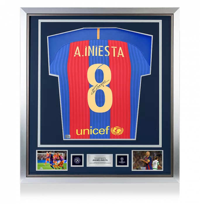 icons Andres Iniesta Official UEFA Champions League Back Signed and Framed FC Barcelona 2016-17 Home Shirt with Fan Style Number