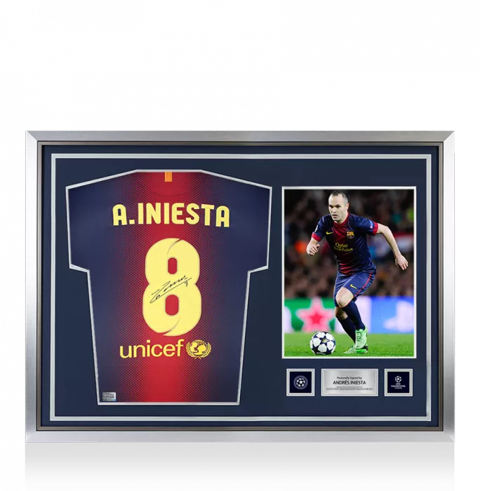 icons Andres Iniesta Official UEFA Champions League Back Signed and Hero Framed FC Barcelona 2012-13 Home Shirt