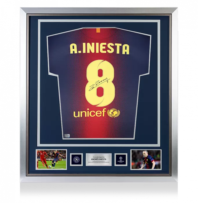 icons Andres Iniesta Official UEFA Champions League Back Signed and Framed FC Barcelona 2012-13 Home Shirt