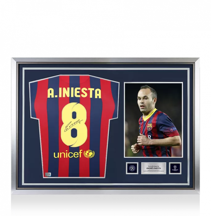 icons Andres Iniesta Official UEFA Champions League Back Signed and Hero Framed FC Barcelona 2013-14 Home Shirt