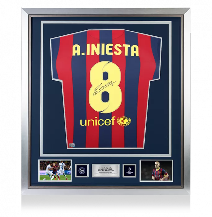 icons Andres Iniesta Official UEFA Champions League Back Signed and Framed FC Barcelona 2013-14 Home Shirt