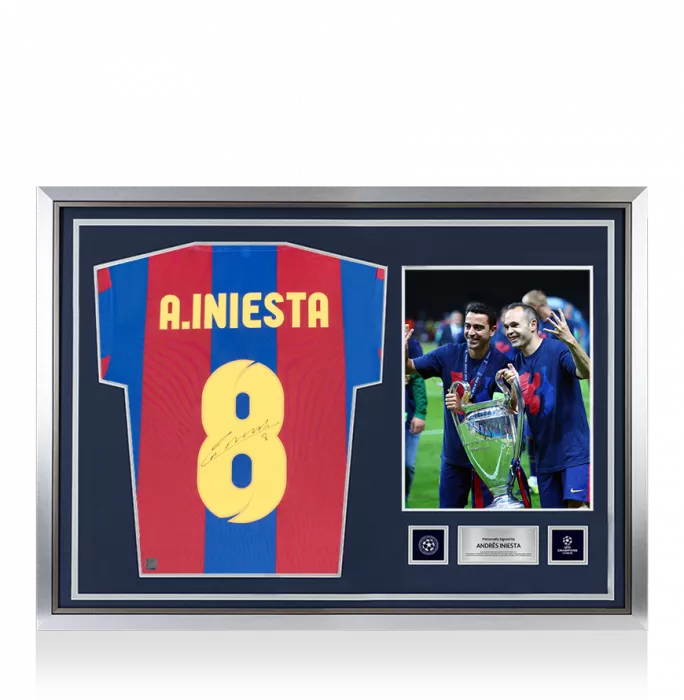 icons Andres Iniesta Official UEFA Champions League Back Signed and Hero Framed Retro FC Barcelona Home Shirt