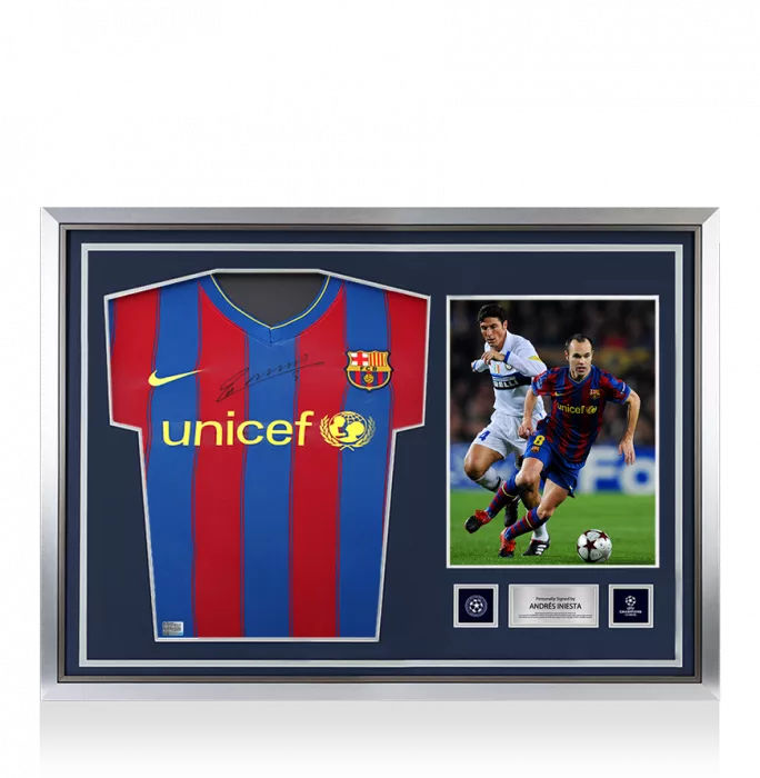 icons Andres Iniesta Official UEFA Champions League Front Signed and Hero Framed FC Barcelona 2009-10 Home Shirt