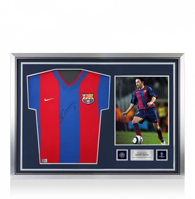 icons Andres Iniesta Official UEFA Champions League Front Signed and Hero Framed FC Barcelona 2002-03 Home Shirt