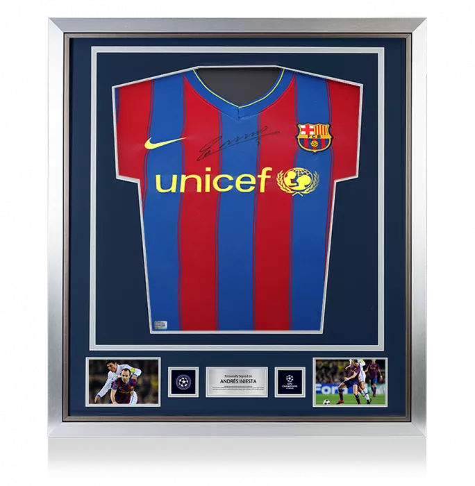 icons Andres Iniesta Official UEFA Champions League Front Signed and Framed FC Barcelona 2009-10 Home Shirt