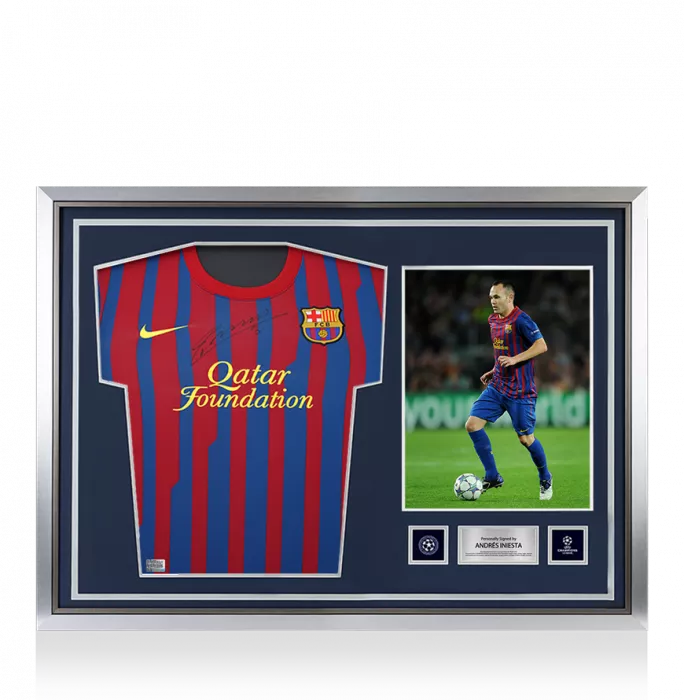 icons Andres Iniesta Official UEFA Champions League Front Signed and Hero Framed FC Barcelona 2011-12 Home Shirt