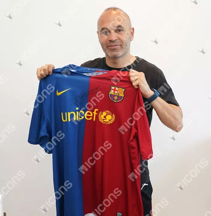 Icons Andres Iniesta Official UEFA Champions League Front Signed And Hero Framed FC Barcelona 2008-09 Home Shirt