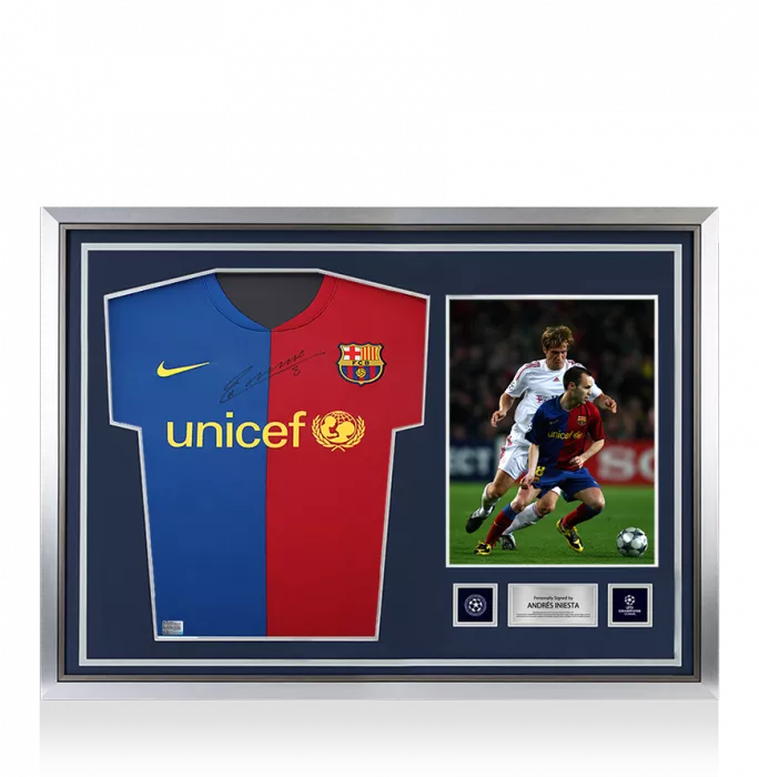 icons Andres Iniesta Official UEFA Champions League Front Signed and Hero Framed FC Barcelona 2008-09 Home Shirt