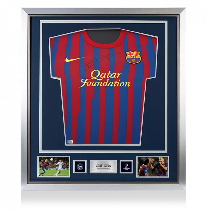 icons Andres Iniesta Official UEFA Champions League Front Signed and Framed FC Barcelona 2011-12 Home Shirt