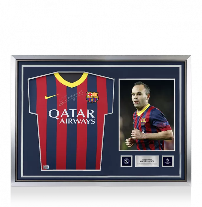 icons Andres Iniesta Official UEFA Champions League Front Signed and Hero Framed FC Barcelona 2013-14 Home Shirt: Version 3