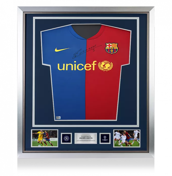 icons Andres Iniesta Official UEFA Champions League Front Signed and Framed FC Barcelona 2008-09 Home Shirt
