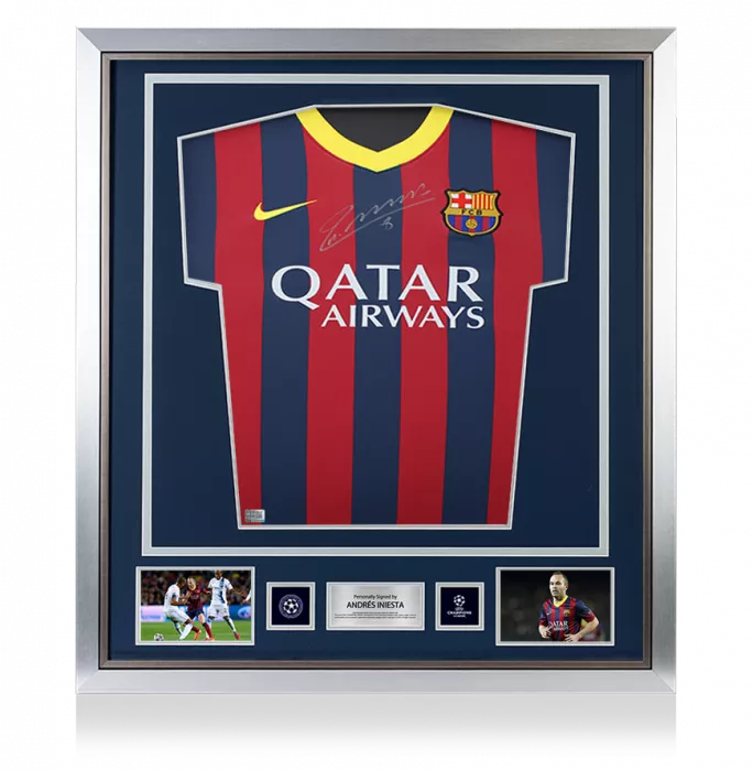 icons Andres Iniesta Official UEFA Champions League Front Signed and Framed FC Barcelona 2013-14 Home Shirt: Version 3