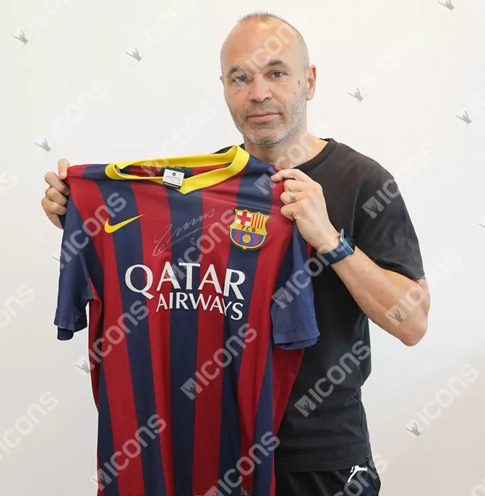 Icons Andres Iniesta Official UEFA Champions League Front Signed And Hero Framed FC Barcelona 2013-14 Home Shirt: Version 2