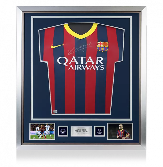 icons Andres Iniesta Official UEFA Champions League Front Signed and Framed FC Barcelona 2013-14 Home Shirt: Version 2