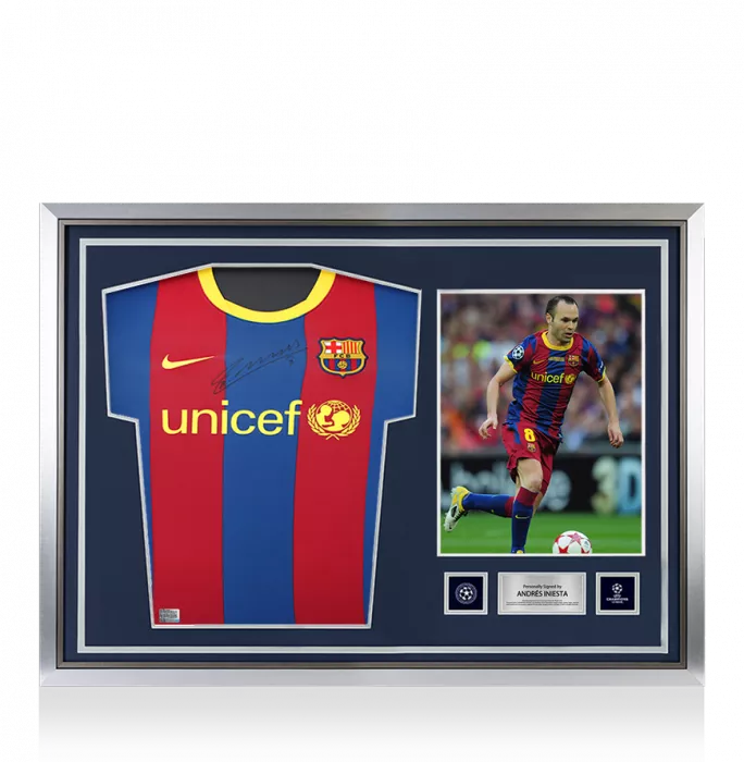 icons Andres Iniesta Official UEFA Champions League Front Signed and Hero Framed FC Barcelona 2010-11 Home Shirt