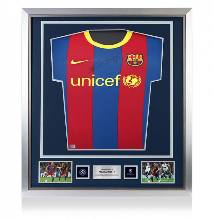 icons Andres Iniesta Official UEFA Champions League Front Signed and Framed FC Barcelona 2010-11 Home Shirt