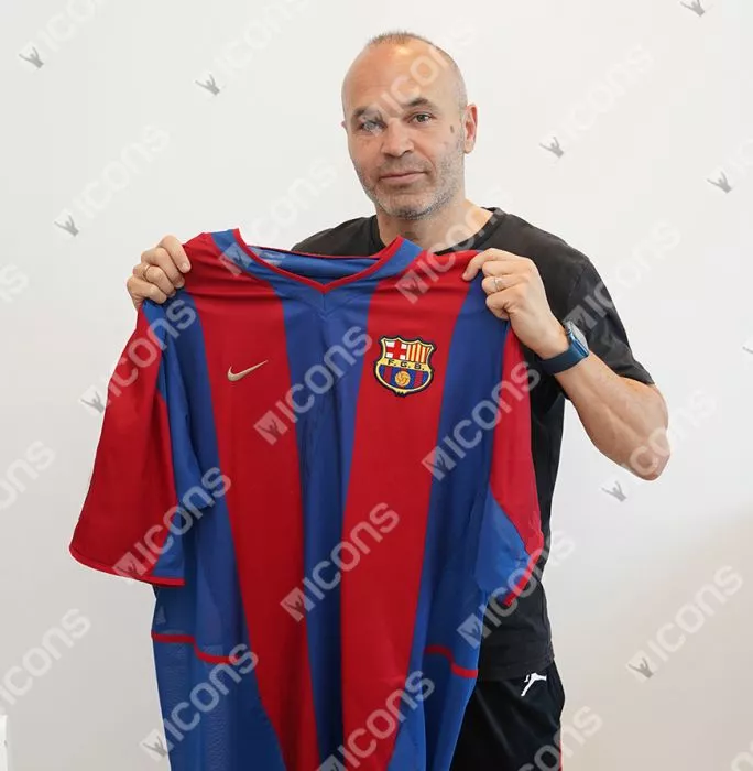 Icons Andres Iniesta Official UEFA Champions League Front Signed And Hero Framed Player Issue FC Barcelona 2002-03 Home Shirt