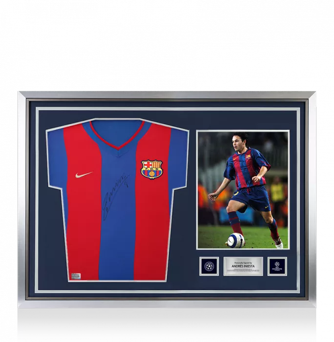 icons Andres Iniesta Official UEFA Champions League Front Signed and Hero Framed Player Issue FC Barcelona 2002-03 Home Shirt