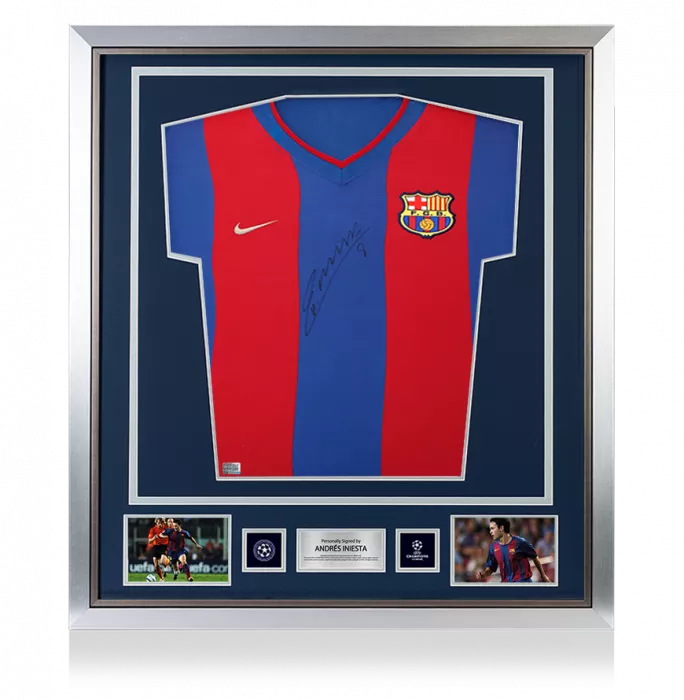 icons Andres Iniesta Official UEFA Champions League Front Signed and Framed Player Issue FC Barcelona 2002-03 Home Shirt