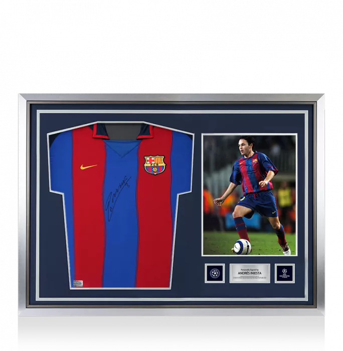 icons Andres Iniesta Official UEFA Champions League Front Signed and Hero Framed FC Barcelona 2003-04 Home Shirt