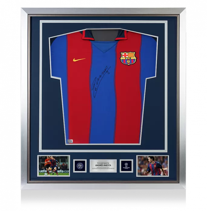 icons Andres Iniesta Official UEFA Champions League Front Signed and Framed FC Barcelona 2003-04 Home Shirt