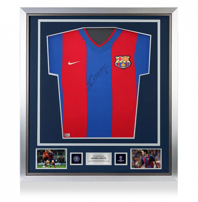 icons Andres Iniesta Official UEFA Champions League Front Signed and Framed FC Barcelona 2002-03 Home Shirt