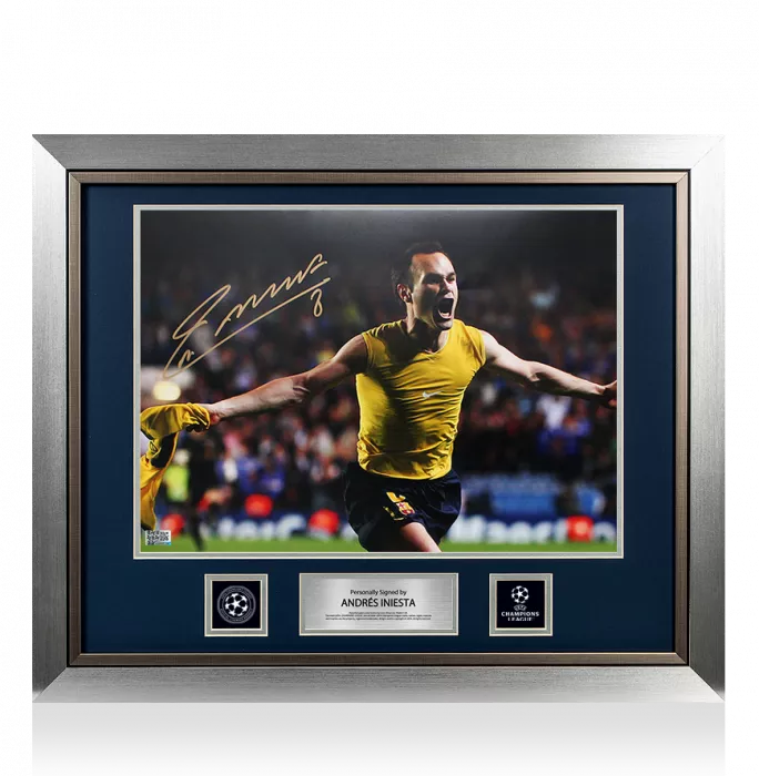 icons Andres Iniesta Official UEFA Champions League Signed and Framed FC Barcelona Photo: Shirt Off Celebration
