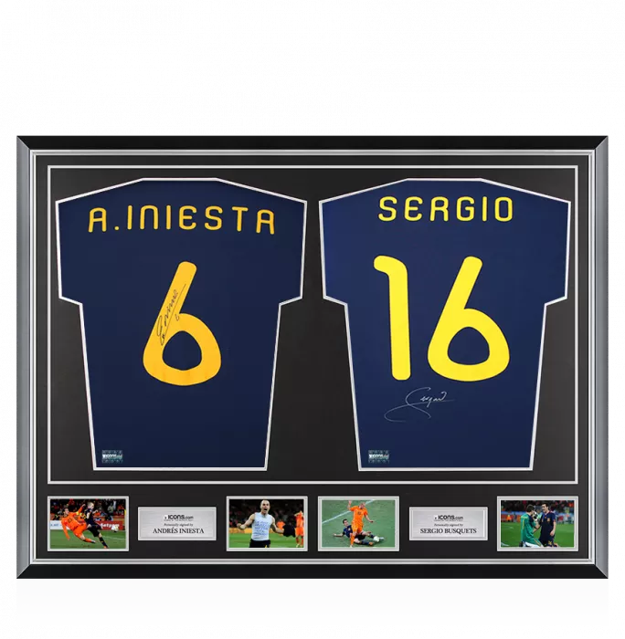 icons Andres Iniesta & Sergio Busquets Back Signed Spain 2010 Away Shirts In Classic Dual Frame