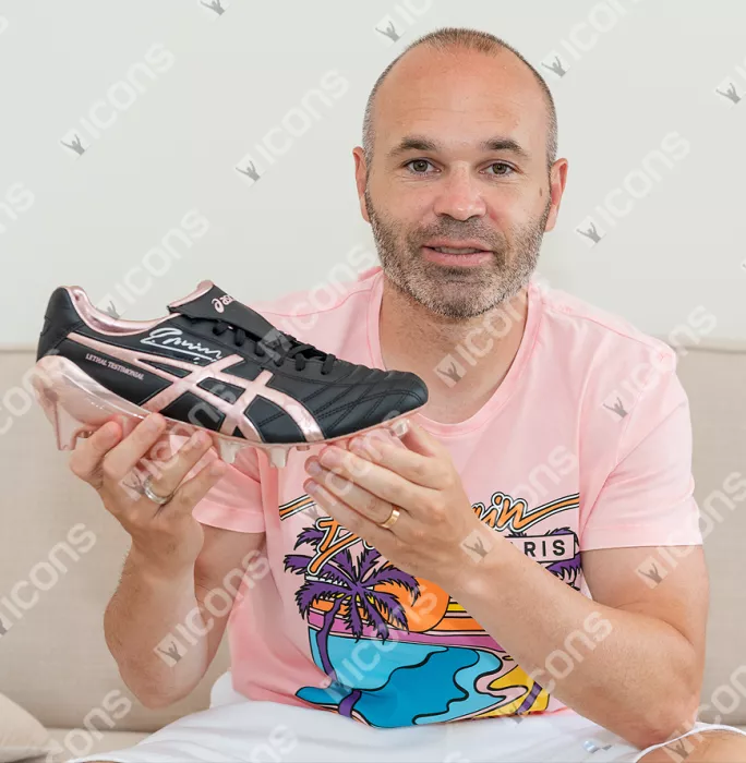 Icons Andres Iniesta Signed Black Asics Lethal Boot In Acrylic Case