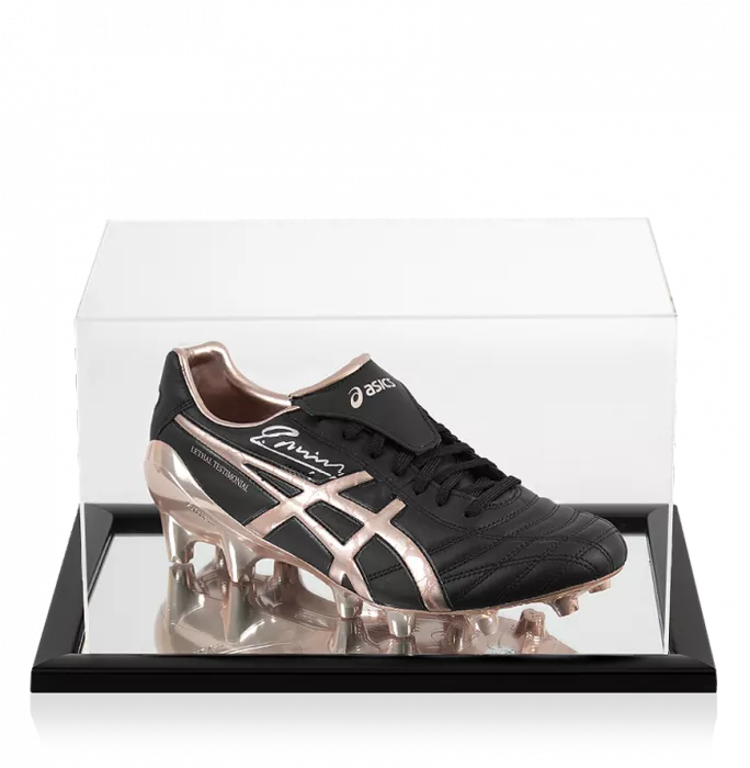icons Andres Iniesta Signed Black Asics Lethal Boot In Acrylic Case