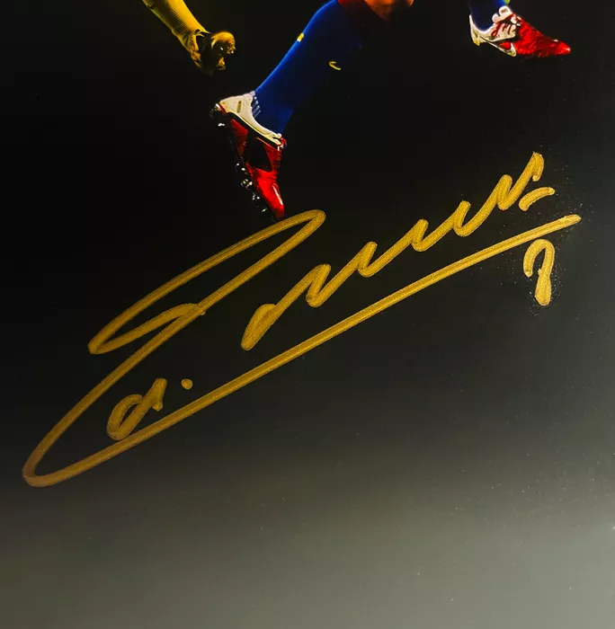 Icons Andres Iniesta Signed FC Barcelona Montage Print In Black Wooden Frame